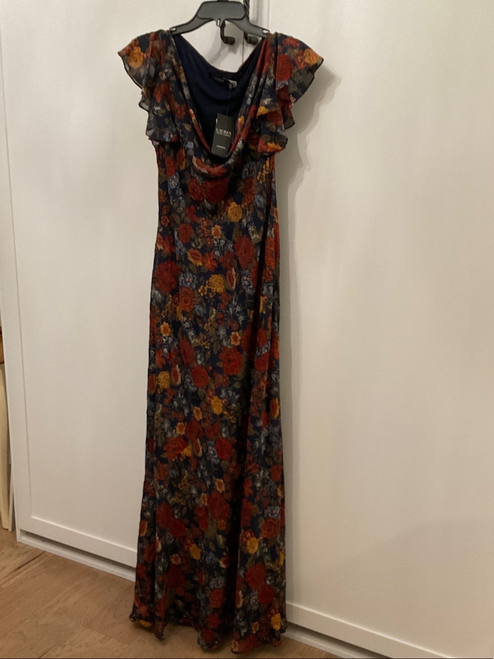 Ralph Lauren Navy Maxi Dress with Rust and Mustard Floral Print